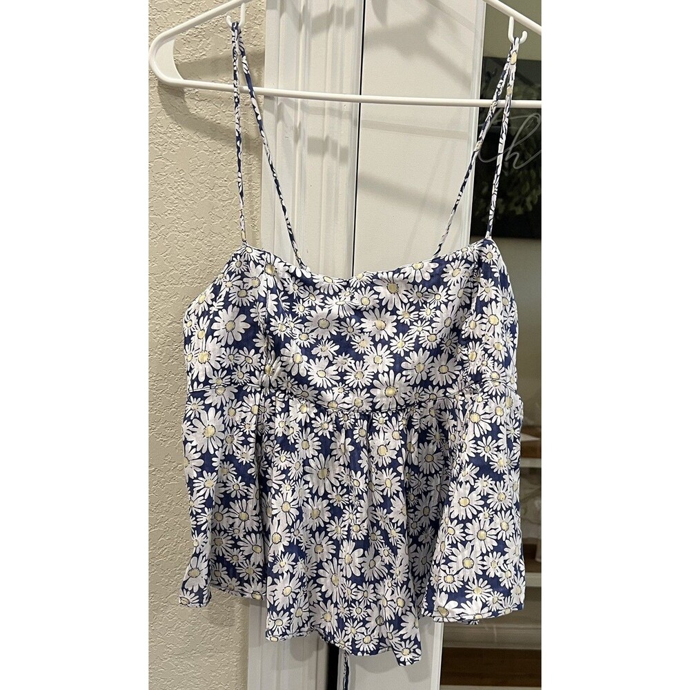 Free People Daisy Floral Babydoll Cami Top M Navy Blue White Peplum Boho